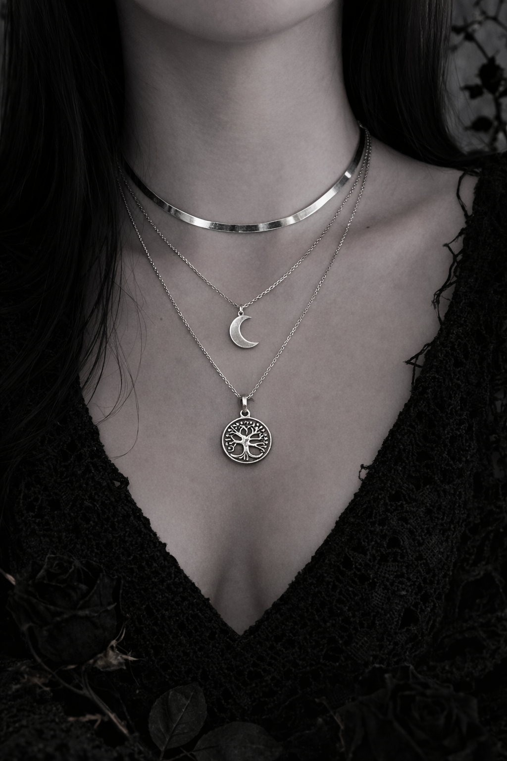 Layered Moon & Tree of Life Necklace – Stainless Steel Gothic Pendant Set (Silver)