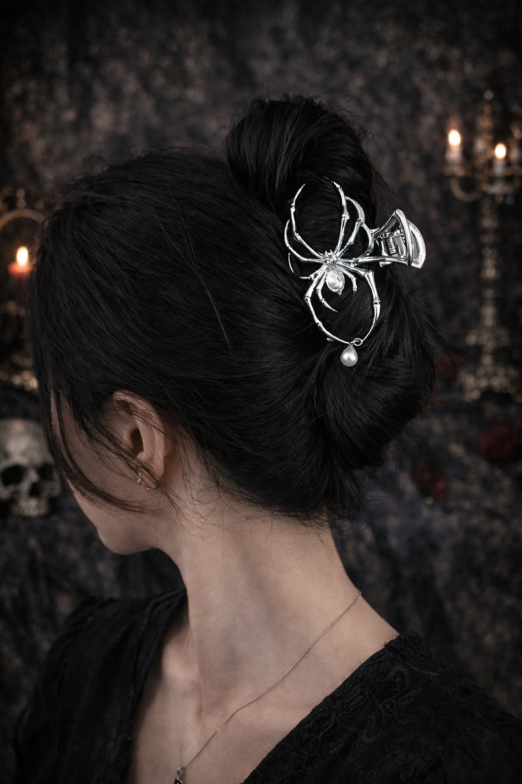 Gothic Spider Hair Claw Clip – Silver Metal Pearl Hair Clip | Dark Gothic Y2K Alternative Hair Accessory