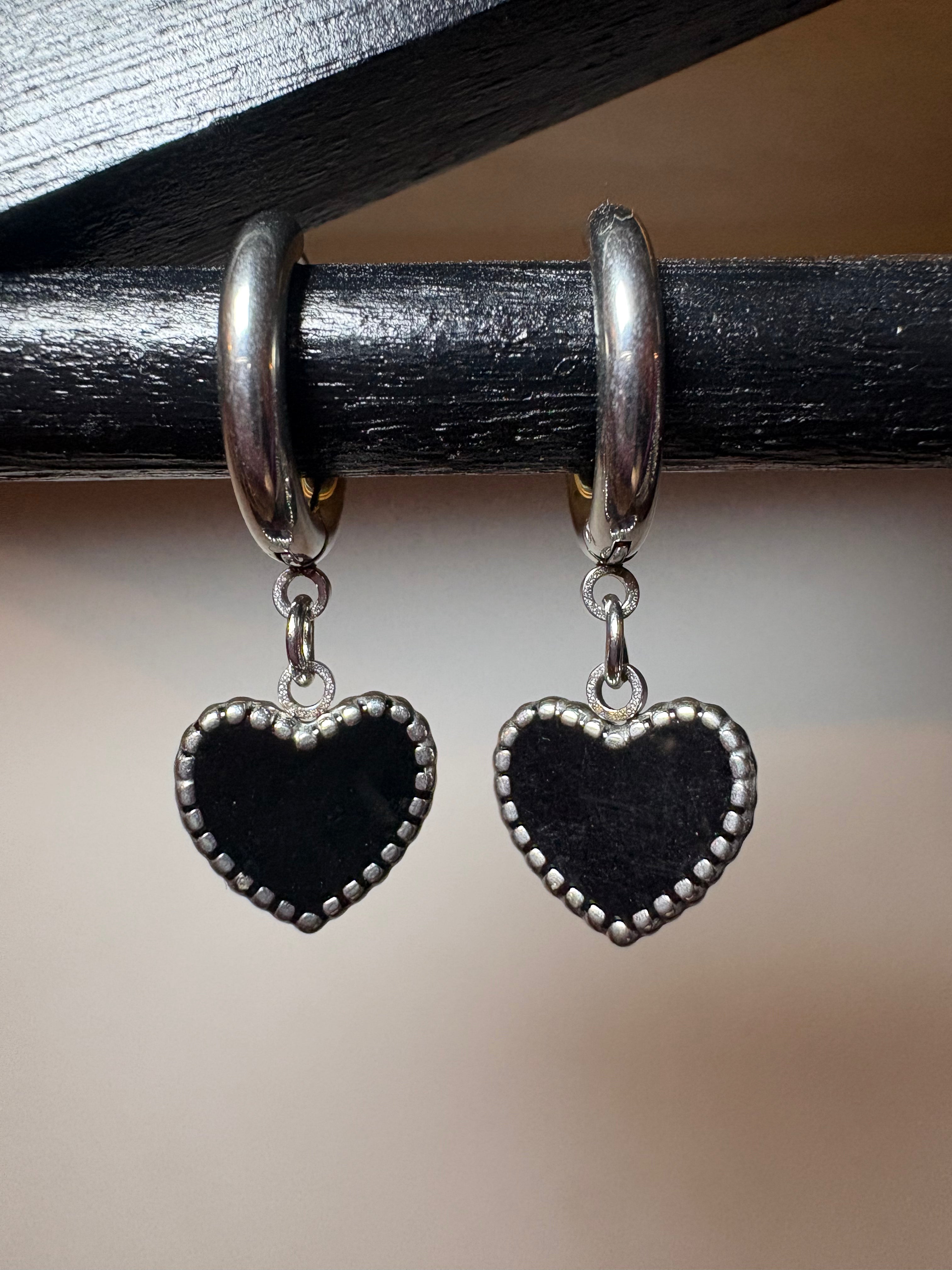 Stainless Steel Black Heart Earrings